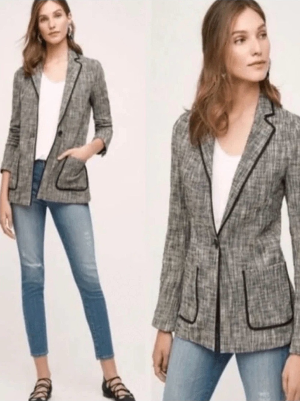 Anthropologie Cartonnier Leonie Tweed Blazer Jacket Black White Piping Size 12